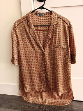 Zara Orange Floral Geometric Button-Up Blouse